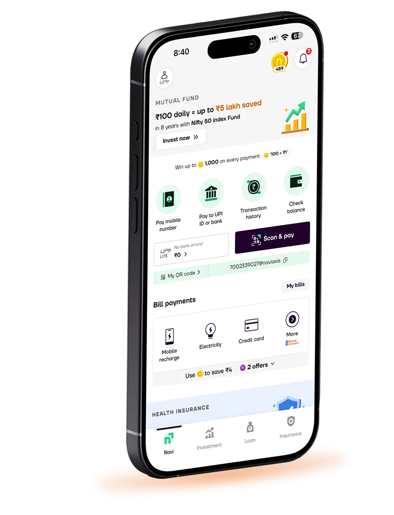 Navi app — Mutual Fund and UPI dashboard mockup