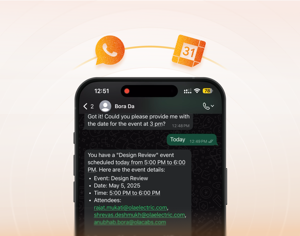 WhatsApp bot conversation managing a Google Calendar event